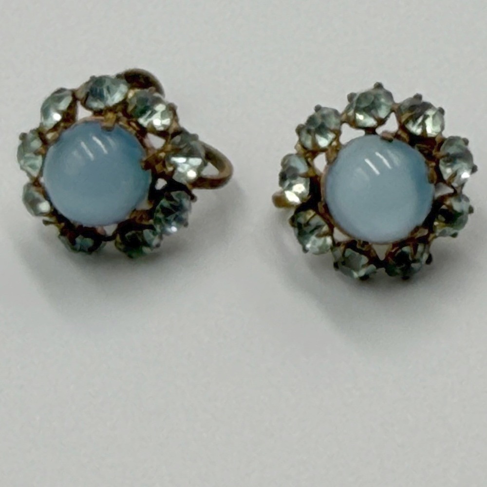 Vintage Czechoslovakia Blue Moon Glass Cabochon Rhinestone Screw Back Earrings